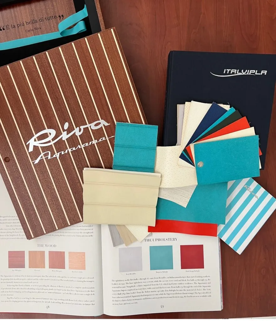 Italvipla upholstery and material samples for yacht interiors.
