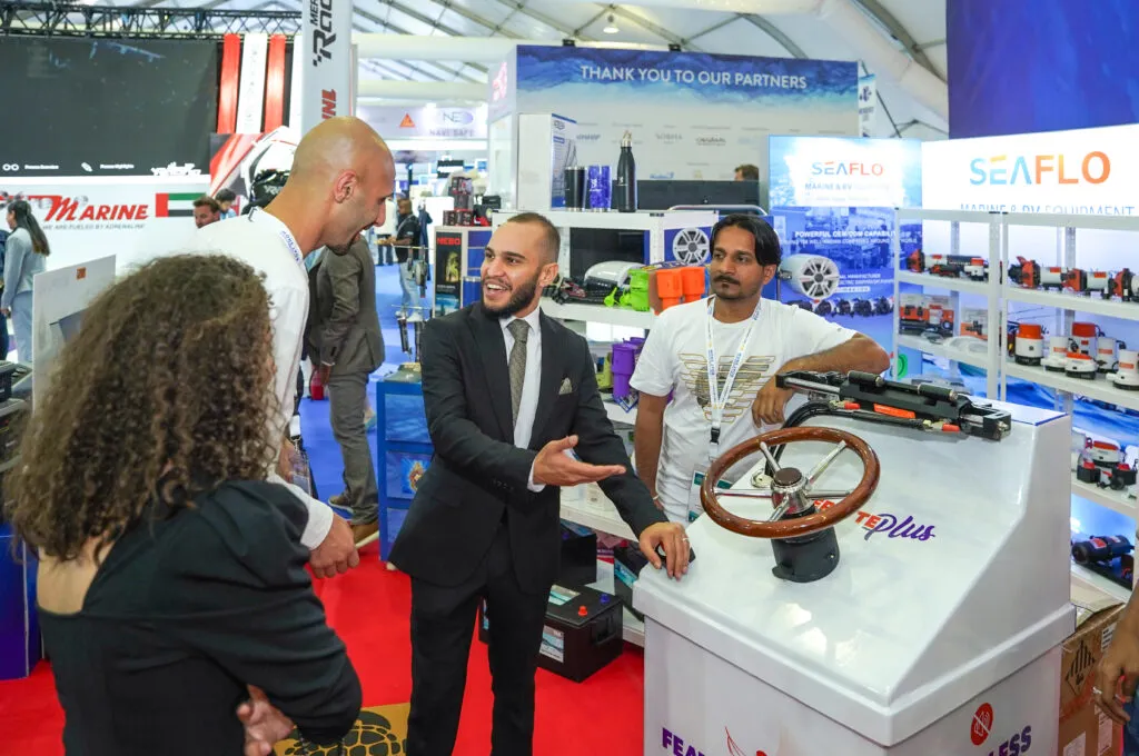 Crowds of potential buyers and industry professionals at the Dubai International Boat Show exhibition