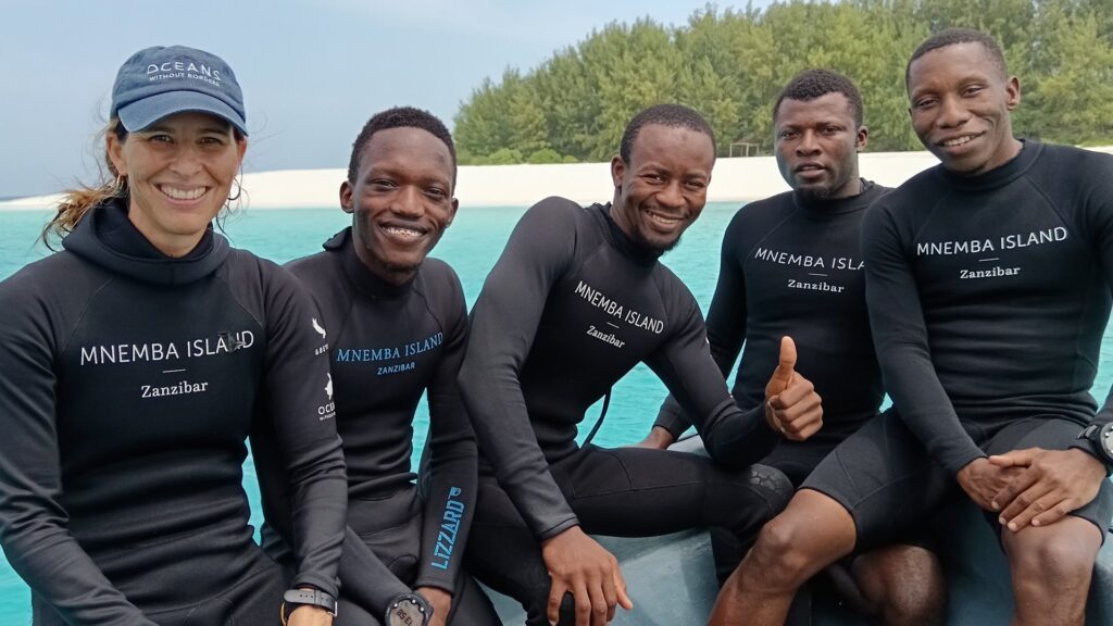 Oceans Without Borders team with Dr. Camilla Floros conducting marine conservation research in Zanzibar